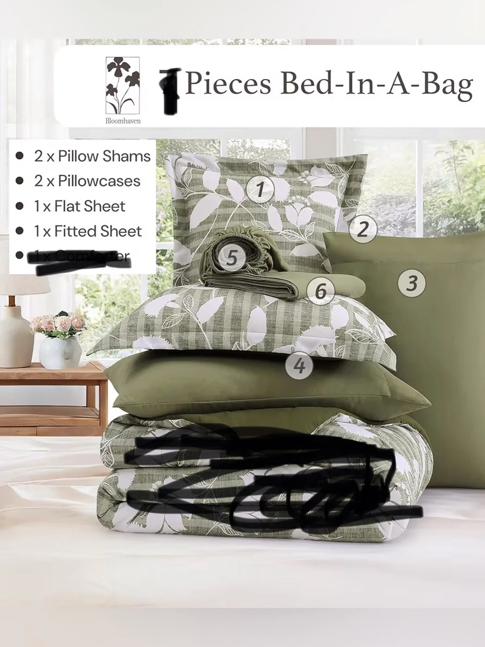 BLOOMHAVEN King Sheet Set -6 Pieces Olive Green Set For All Seasons, King